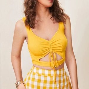 yellow ruched tie cut out crop tank top